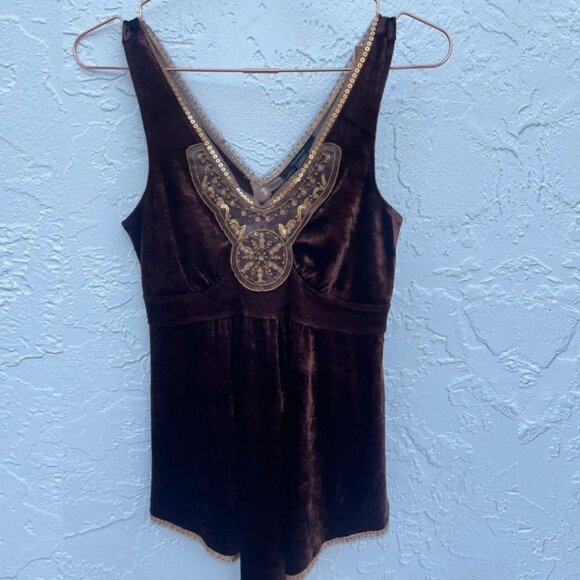 Express Womens Asymmetrical Gold Sequin Sleeveless Top Velvet Brown Sz XS - Picture 2 of 11